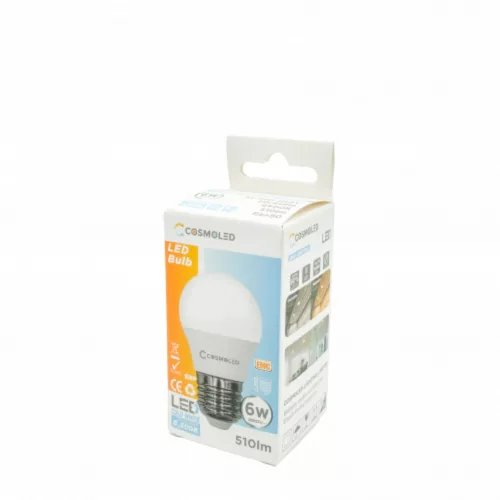 LED lámpa , égő , kisgömb , E27 foglalat , 6W , hideg fehér , COSMOLED