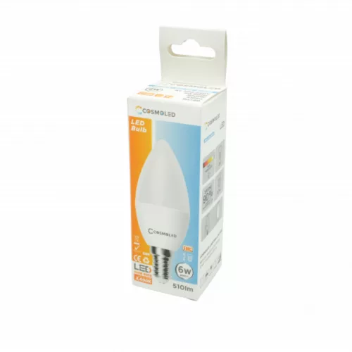 LED lámpa , égő , gyertya , E14 foglalat , 6W , meleg fehér , COSMOLED