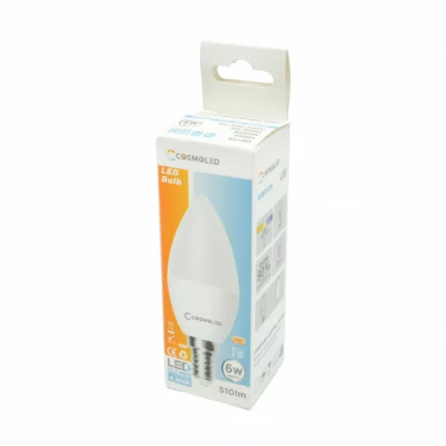 LED lámpa , égő , gyertya , E14 foglalat , 6W , hideg fehér , COSMOLED