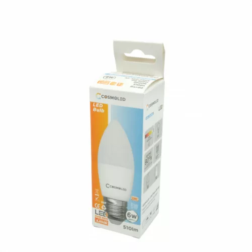 LED lámpa , égő , gyertya , E27 foglalat , 6W , meleg fehér , COSMOLED
