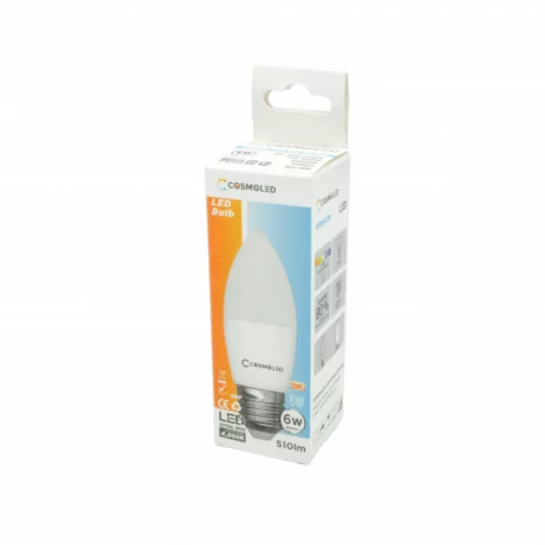 LED lámpa , égő , gyertya , E27 foglalat , 6W , természetes fehér , COSMOLED