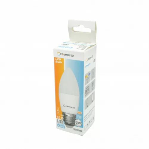 LED lámpa , égő , gyertya , E27 foglalat , 6W , hideg fehér , COSMOLED