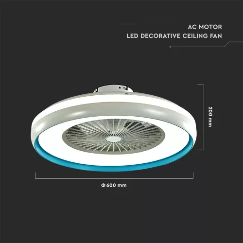de tavan ventilator AC motor, 45w, CCT, 3000lm, alb, albastru inel, dimmabil, V-TAC, 217934