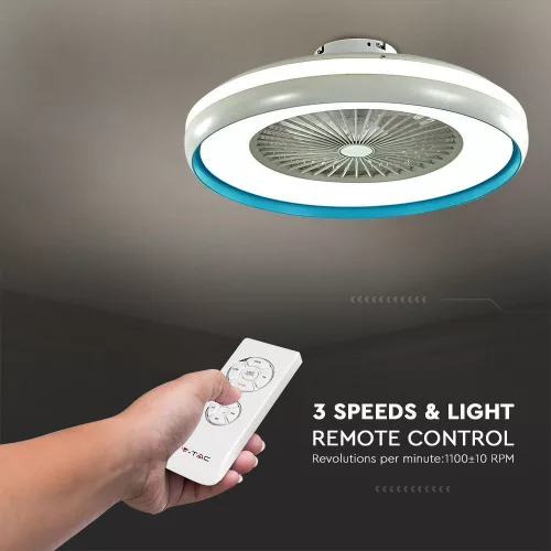 de tavan ventilator AC motor, 45w, CCT, 3000lm, alb, albastru inel, dimmabil, V-TAC, 217934