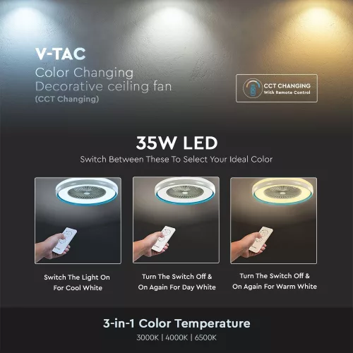 de tavan ventilator AC motor, 45w, CCT, 3000lm, alb, albastru inel, dimmabil, V-TAC, 217934