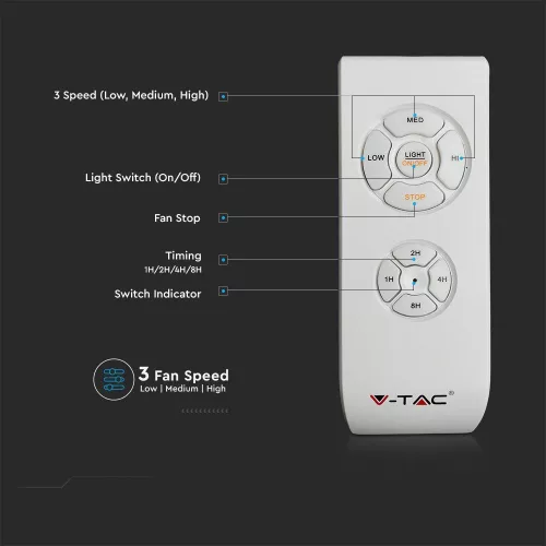 de tavan ventilator AC motor, 45w, CCT, 3000lm, alb, albastru inel, dimmabil, V-TAC, 217934