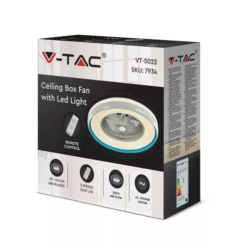 de tavan ventilator AC motor, 45w, CCT, 3000lm, alb, albastru inel, dimmabil, V-TAC, 217934