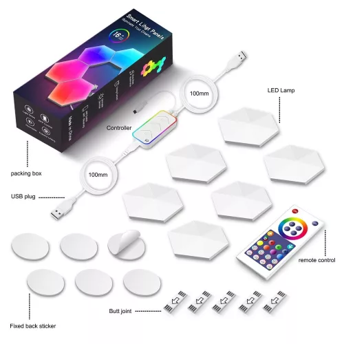 Digitális RGB HEXALED szett , 6 db-os , távirányítóval, USB , RGB + IC (digitális) , dimmelhető , WIFI/Bluetooth , TUYA , LEDISSIMO AMBIENT LIGHT