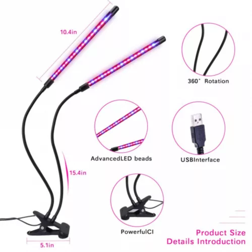 Növénynevelő LED lámpa , 1 karos , 7 Watt , USB , csiptethető , dimmelhető , időzíthető , IP44 , LEDISSIMO GROW