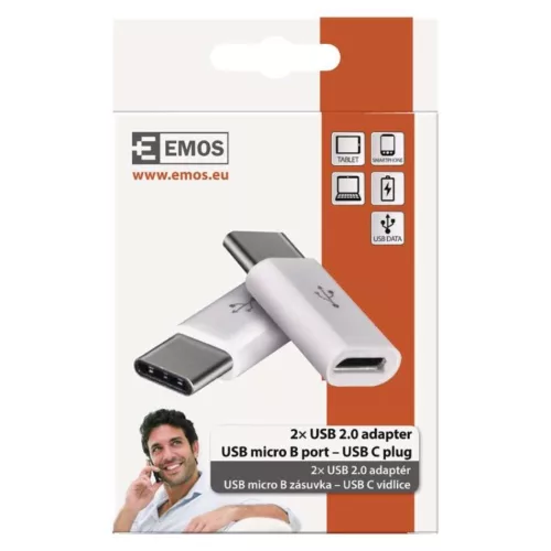 Adapter micro USB-B 2.0, USB-C 2.0, fehér, 2db, EMOS, SM7023