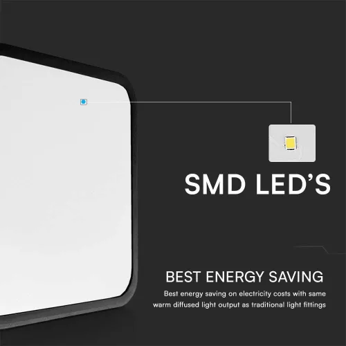 baiei lampă LED de tavan pătrat formă, 18w, 6500K, alb rece, 1830lm, 120°, negru, CRI>80, IP44, V-TAC, 76441