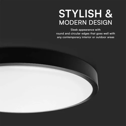 baiei lampă LED de tavan rotund, 24w, 3000K, alb cald, 2500lm, 120°, negru, CRI>80, IP44, V-TAC, 76361