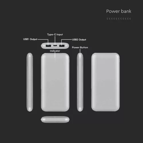 Hordozható LED kijelzős power bank, 10w, ezüst, V-TAC, 23035