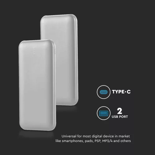 Hordozható LED kijelzős power bank, 10w, ezüst, V-TAC, 23035