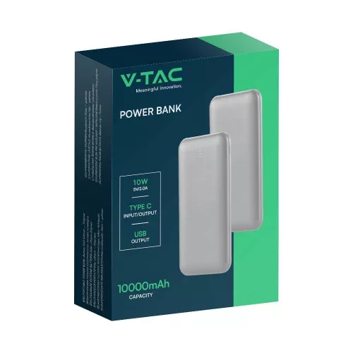 Hordozható LED kijelzős power bank, 10w, ezüst, V-TAC, 23035
