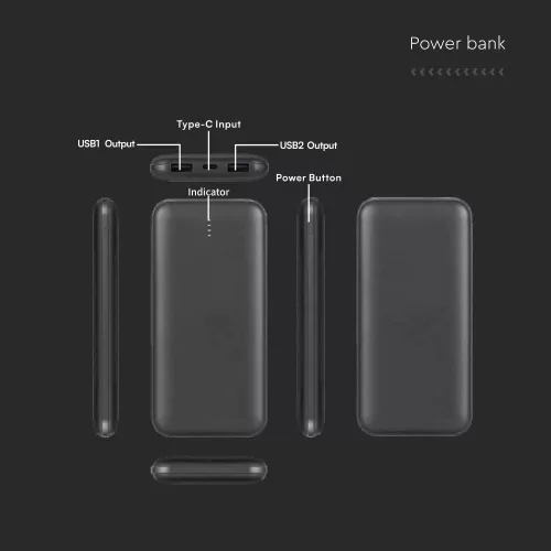 Hordozható LED kijelzős power bank, 10w, fekete, V-TAC, 23036