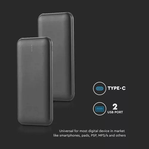 Hordozható LED kijelzős power bank, 10w, fekete, V-TAC, 23036