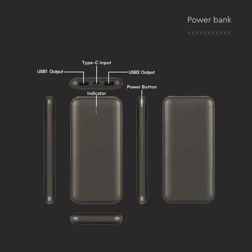 Hordozható LED kijelzős power bank, 10w, szürke, V-TAC, 23037