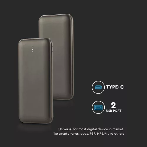 Hordozható LED kijelzős power bank, 10w, szürke, V-TAC, 23037