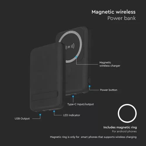 Vezeték nélküli mágneses power bank, 20w, fekete, V-TAC, 23038