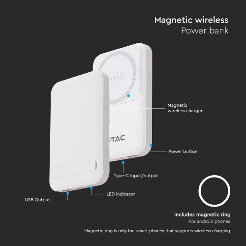 Vezeték nélküli mágneses power bank, 20w, fehér, V-TAC, 23039