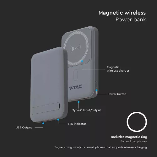 Vezeték nélküli mágneses power bank, 20w, szürke, V-TAC, 23040