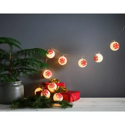 Led fényfüzér , piros hópihés gömb , beltéri , 10LED , 1.3 m , meleg fehér , fehér , EGLO