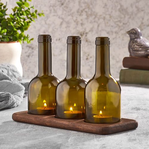 Elegáns fa gyertyatartó szett (3 db) üvegpalackokkal, 11 x 28 x 20 cm | 100% természetes fa, mosogatógépben mosható üveg | Tökéletes otthoni dekorációhoz