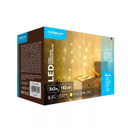 LED fényfüggöny , beltéri/kültéri 192 db LED , 3 x 2 m , meleg fehér , 8 programos , IP44 , Modee