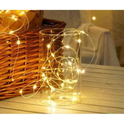 Led fényfüzér , beltéri , meleg fehér , rézszálás , elemes , 50 LED , 5 m  , IP20 , Modee
