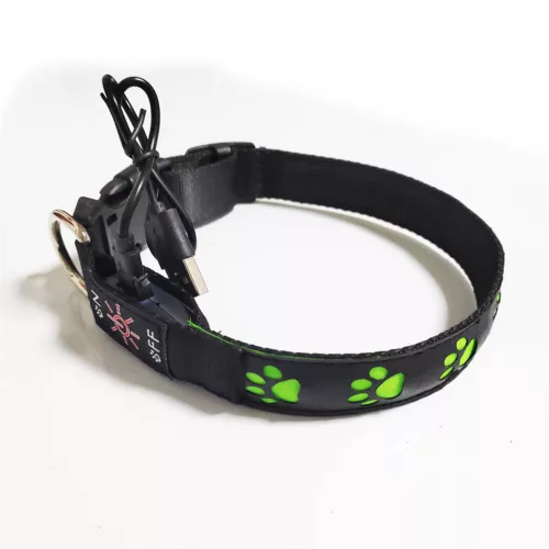 LED-es kutyanyakörv , állítható , USB , tölthető , vízálló , 35cm , S-es , tappancsos, narancssárga