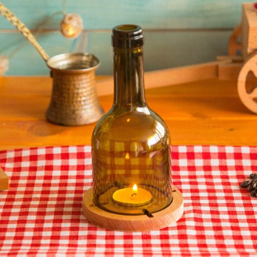 Elegáns fa gyertyatartó üvegpalackkal, 7,5 x 7,5 x 18,5 cm | 100% természetes fa, mosogatógépben mosható üveg | Tökéletes otthoni dekorációhoz és hangulathoz