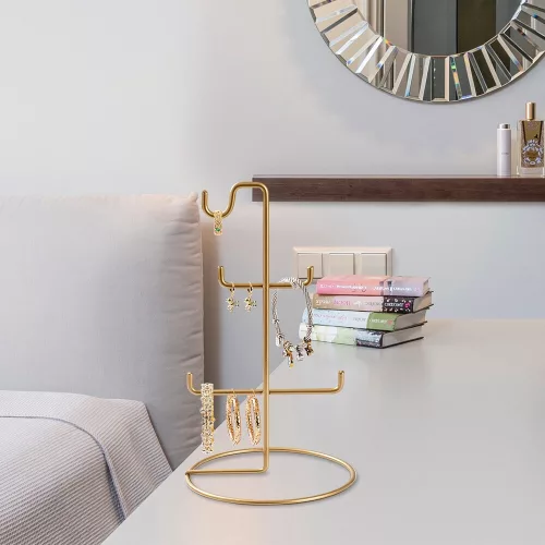 Elegáns arany ékszerállvány rendszerező, 15 cm átmérő x 27 cm magasság | 100% fém, könnyű, 0,176 kg | Tökéletes stílusos tároláshoz és megjelenítéshez