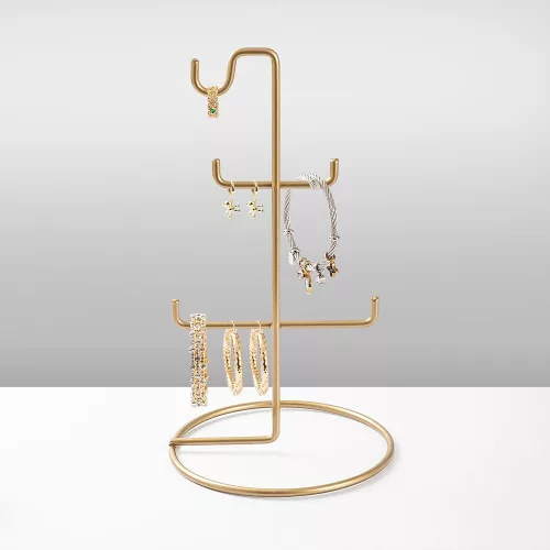 Elegáns arany ékszerállvány rendszerező, 15 cm átmérő x 27 cm magasság | 100% fém, könnyű, 0,176 kg | Tökéletes stílusos tároláshoz és megjelenítéshez