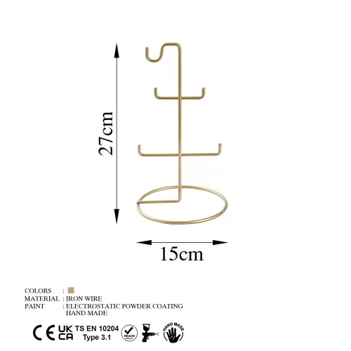 Elegáns arany ékszerállvány rendszerező, 15 cm átmérő x 27 cm magasság | 100% fém, könnyű, 0,176 kg | Tökéletes stílusos tároláshoz és megjelenítéshez