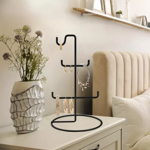 Elegáns fekete fém ékszerállvány, 15 cm átmérő x 27 cm magasság | 100% tartós fém | Tökéletes nyakláncok és kiegészítők bemutatására
