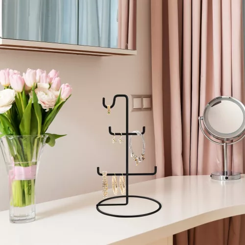 Elegáns fekete fém ékszerállvány, 15 cm átmérő x 27 cm magasság | 100% tartós fém | Tökéletes nyakláncok és kiegészítők bemutatására