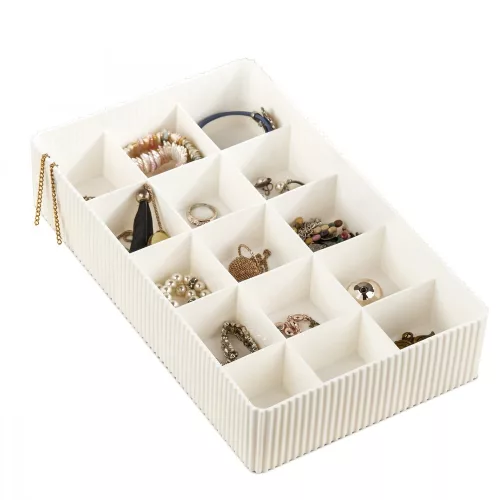 Elegáns ekrü ékszerdoboz, 30 x 18 x 6,5 cm | Tartós 100% polipropilén biztonságos műanyag zárral | Tökéletes kincsei rendszerezéséhez