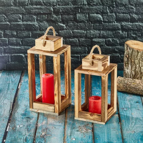 Elegáns fa gyertyatartó lámpák (2 db) - natúr kivitelben, 30 cm és 25 cm | Tökéletes lakberendezéshez és környezeti világításhoz | Stílusos és funkcionális dizájn