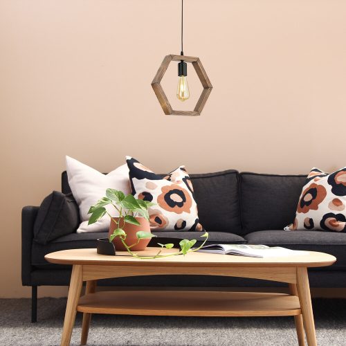 Ipari csillár, állítható magasság 30-70 cm, 25 cm méret, 100% gyertyán és fém, E27 Max 40W, dió és fekete | Stílusos világítás modern terekbe