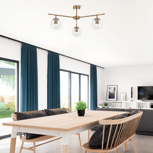 Elegáns Vintage csillár, fém test és üvegsapka, 70 x 70 cm, 39 cm Magasság | 3 x E14 aljzat, réz kivitel | Modern Glam otthoni dekorációhoz