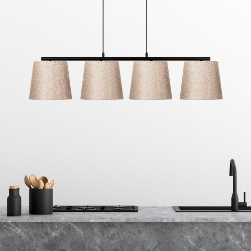 Skandináv csillár, fém test, fekete és bézs, 148 x 25 cm, állítható magasságú 48-125 cm, 4 x E27 aljzat, elegáns formatervezés modern terekhez