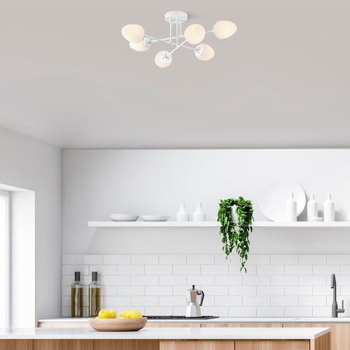 Modern fehér csillár, 81 x 81 cm, fém test és üveg sapka, 6 x E14 foglalat, elegáns skandináv dizájn, tökéletes otthoni és irodai világításhoz