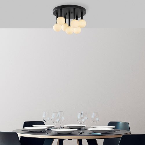Modern ipari csillár, fekete-krém, 44 x 44 x 40 cm | Fém ház, üveg kupak, 7 x G9 foglalat (az izzó nem tartozék) | Stílusos világítás skandináv és újszerű dekorációhoz