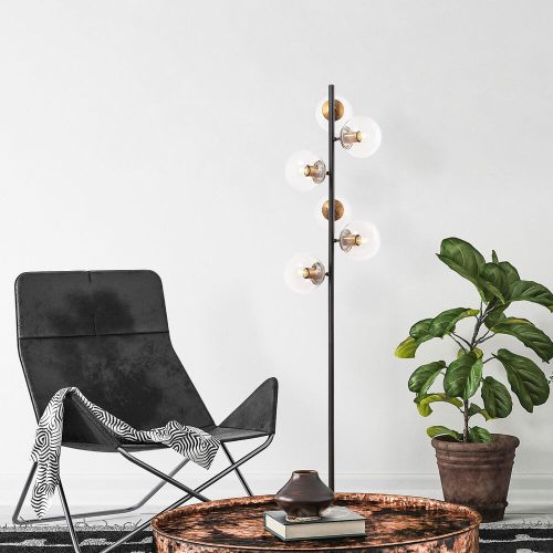 Modern állólámpa fém házzal és üvegkupakkal, 35 x 22 x 163 cm | 6 x E14 foglalat, fekete és antik kivitel | Stílusos világítás Glam és skandináv dekorációhoz