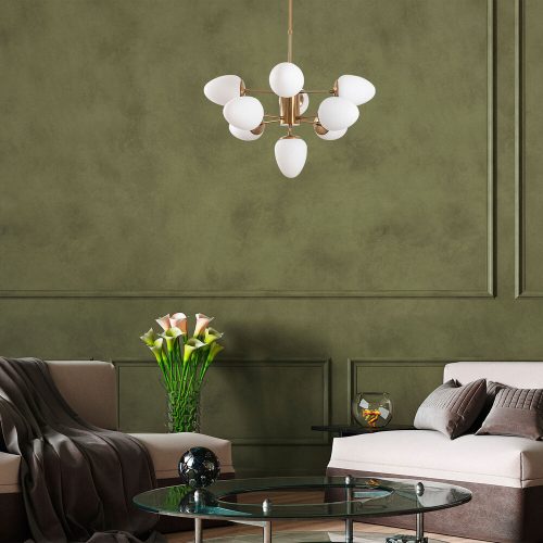 Elegáns rézcsillár, állítható magasságú 67x67x61-85 cm, 9 db E14-es aljzat, vintage dizájn, fém test és üvegkupak, tökéletes modern terekbe