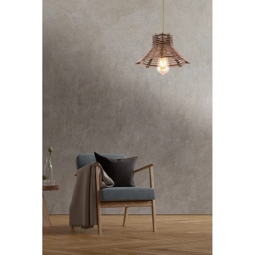 Elegáns fa csillár replika bambusz sapkával, 27 x 27 cm, magasság 55 cm | CE minősítésű, állítható kábel, E27 aljzat, barna kivitel | Modern dekorációhoz tökéletes