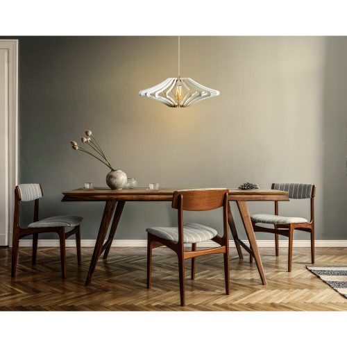 Elegáns fehér angyalcsillár, MDF test, 19 cm-es sapka hossz, 47 cm átmérő, állítható magasság 55 cm, E27 foglalat, skandináv design modern terekhez