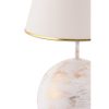 Elegáns asztali lámpa poliészter testtel, fehér és arany, 42 cm magas | 25 cm-es szövetsapka, be-/kikapcsoló, E27 aljzat, CE minősítés | Tökéletes otthoni dekorációhoz