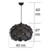 Elegáns fekete csillár, MDF test, 27 cm sapka hossz, 40 cm átmérő | Állítható kábel, 67 cm teljes magasság | E27 aljzat, max 40W, modern világítás